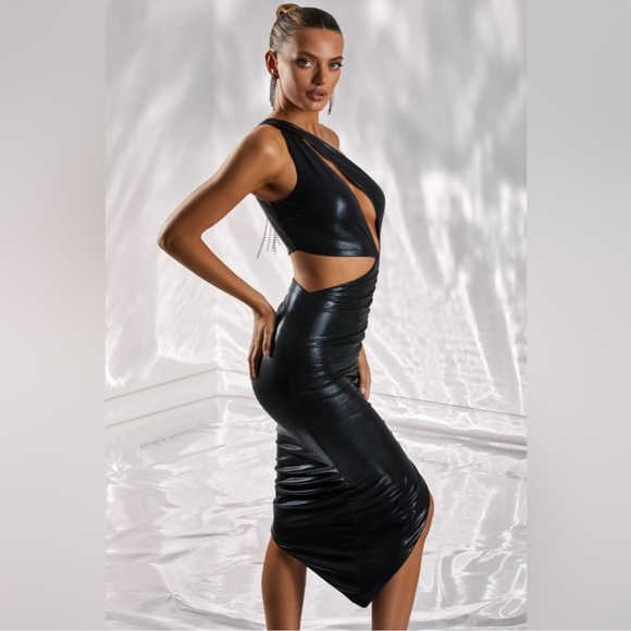 OHPOLLY runaway cut out Ultra-sleek sexy single shoulder bodycon midi dress US 4 - Picture 2 of 9